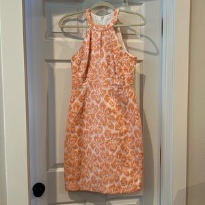 Trina Turk orange white embroidered dress razorback neck pristine condition 2
